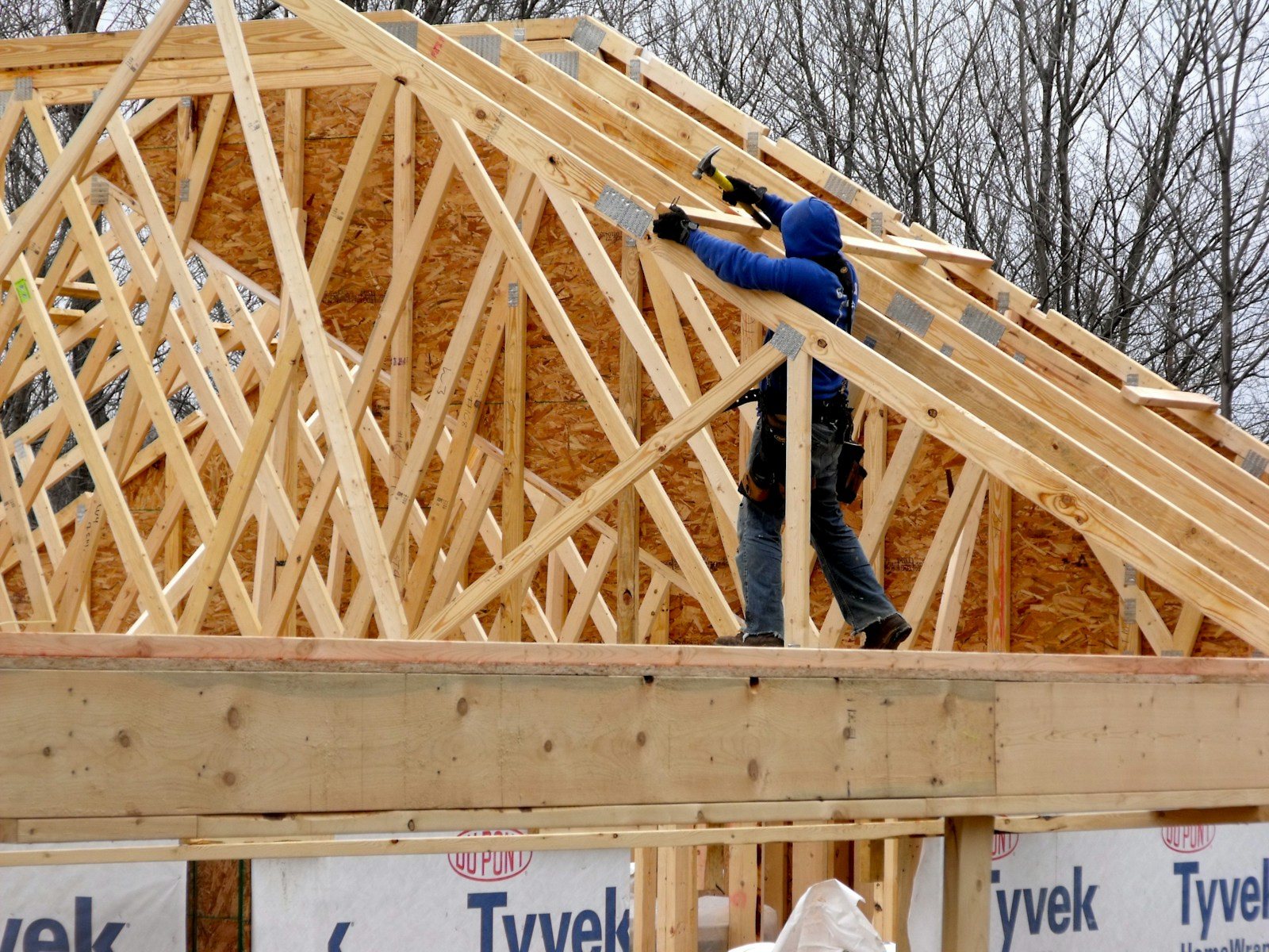 A roofer working on new roof trusses above house wrap and sheathing